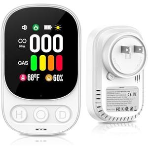 Carbon Monoxide Detectors Plug in & Natural Gas Leak Detector, 4-in-1 Portable Carbon Monoxide Alarm Propane Gas Detector, Temp Humidity, HD Screen CO Detector for Travel Home Hotel Camping RV (White)