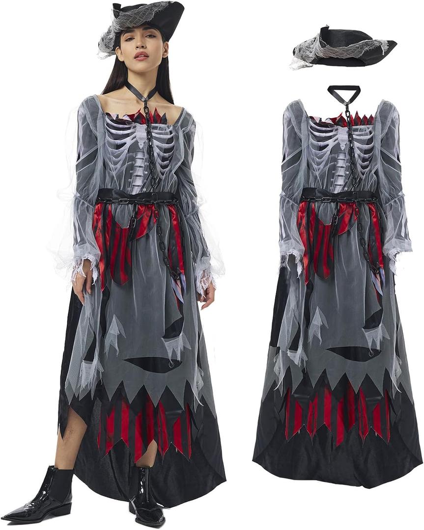 Pirate Zombie Costume Women Dress with Pirate Hat Horror Gothic Renaissance Viking Clothing for Halloween (Large)