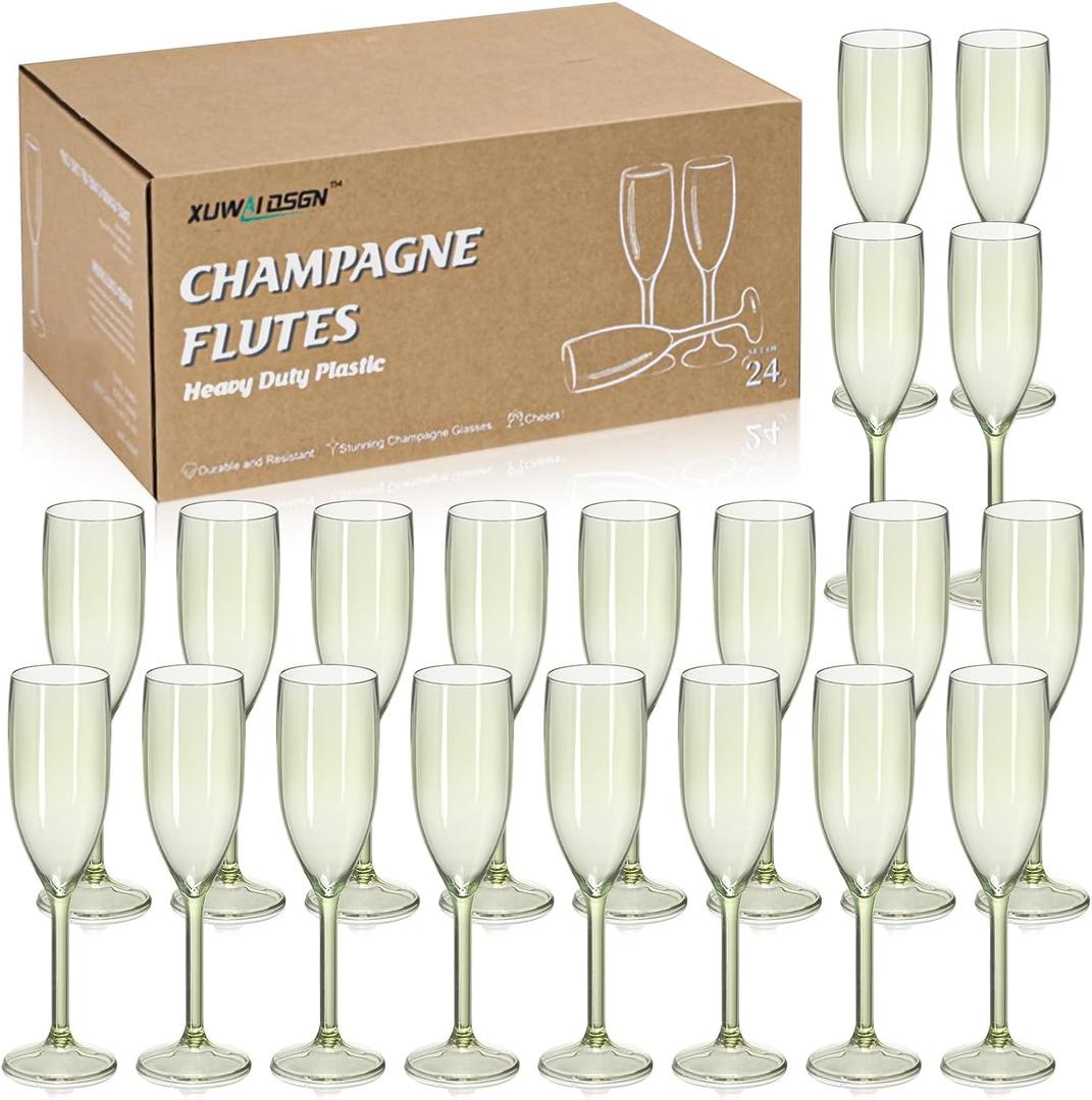 XUWAIDSGN 24 Pcs Reusable Champagne Flutes Plastic Wine Glasses Bulk Vintage Champagne Flutes Mimosa Bar Glasses Stemmed Drinking Cups 5.4OZ for Christmas Birthday Wedding Bride (Sage Green)