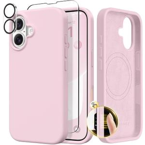 GONEZ Magnetic for iPhone 17 Case, Compatible with MagSafe, [Screen Protector + Camera Lens Protector], Liquid Silicone Anti-Scratch Shockproof Protective Phone Case 6.3 inch, Pastel Pink
