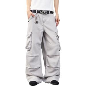 Mens Denim Baggy Pants with Cargo Pockets Mid Weight Casual Streetwear Wide Leg Jeans Hip Hop Skater Trousers (Medium, D15 Grey)