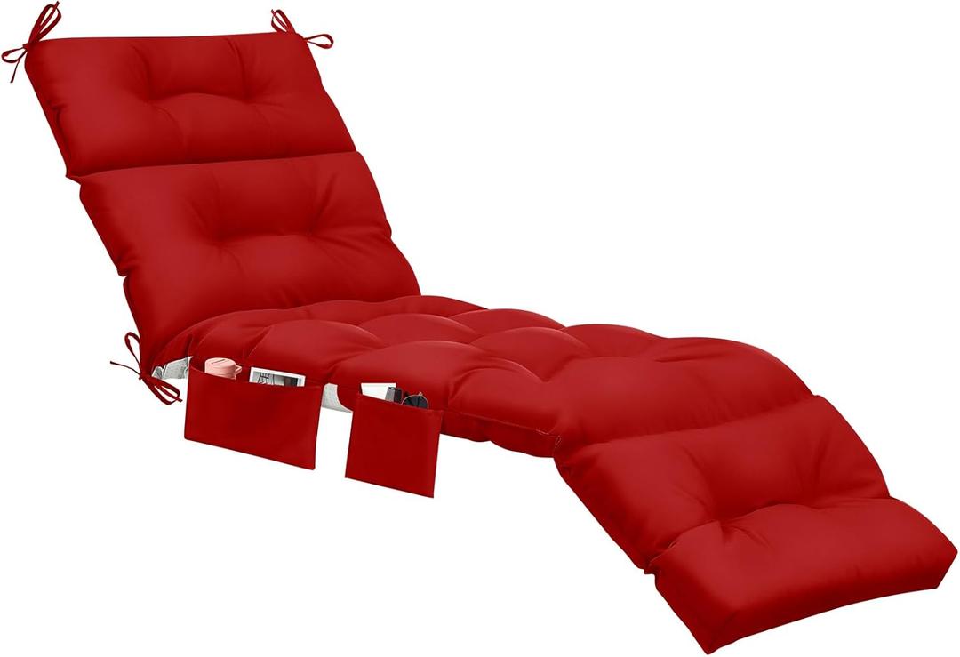 Kigley Outdoor Chaise Lounge Cushions with 3 Side Pocket 74.5 x 22 x 4.7 Inch Patio Chaise Lounge Cushion, Water-Repellent and Fade-Resistant Tufted Summer Replacement(2 Pcs,Red,Solid Color)
