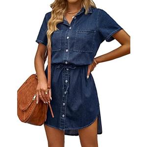 luvamia Women Casual Denim Dress Short Sleeve Tie Waist Classic Jean Shirt Dress XXL