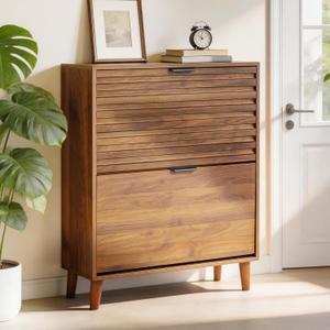 31.5'' Narrow Shoe Storage Cabinet for Entryway Shoe Rack Cabinet with 2 Flip Drawers, Wood Slim Shoe Organizer with Fluted Panel for Foyer, Hallway, Living Room, Walnut