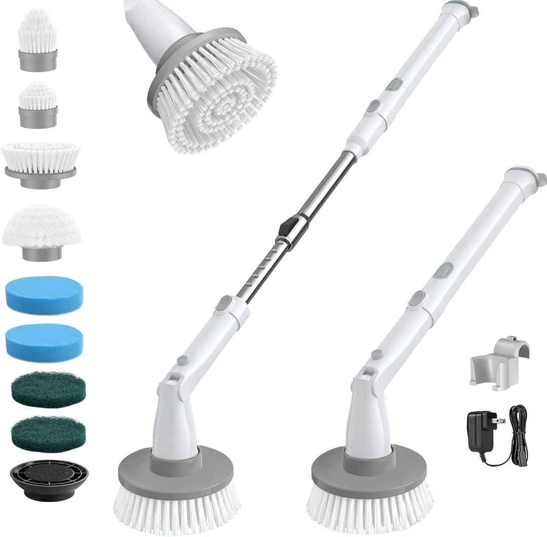 kHelfer Electric Spin Scrubber, Cordless Shower Scrubber with Long Handle, 8 Replacement Heads, 1.5H Bathroom Scrubber Dual Speed, Shower Cleaning Brush with Extension Arm for Bathtub Tile Floor (Snow White)