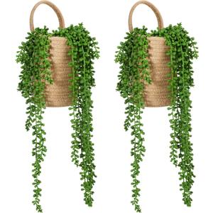 Umigy 2 Pack Wall Hanging Rope Baskets with 4 Pcs Faux Strings of Pearls Plant Jute Hanging Basket with Artificial Succulents for Porch Living Room Bedroom Entryway Patio Outdoor Decoration