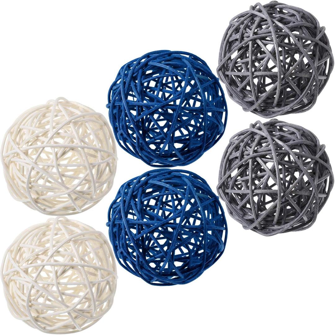 Yaomiao 6 Pieces Wicker Rattan Balls Decorative Orbs Vase Fillers for Craft, Party, Wedding Table Decoration, Aromatherapy Accessories(Blue Gray White)