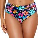 Tempt Me Women Mid Rise Bikini Bottoms Full Coverage Swimsuit Ruched Scrunch Swim Bottom (X-Large, Floral)