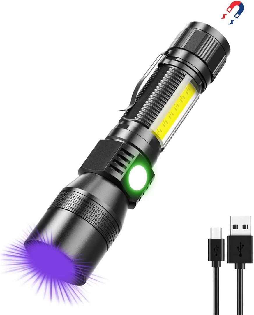 UV Flashlight Black Light, USB Rechargeable Flashlight with Magnetic Base - High Light, Side Light, 7 Modes, Zoomable, Waterproof  LED Torch for Mechanics Pet Urine Stains Detection (1)