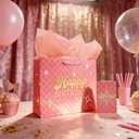 4 x MotiGiftie 13" Pink Happy Birthday Gift Bag with Tissue Paper and Greeting Card for Party, Happy Birthday Gift Bag for Men Women, Hot Stamping Gift Bags