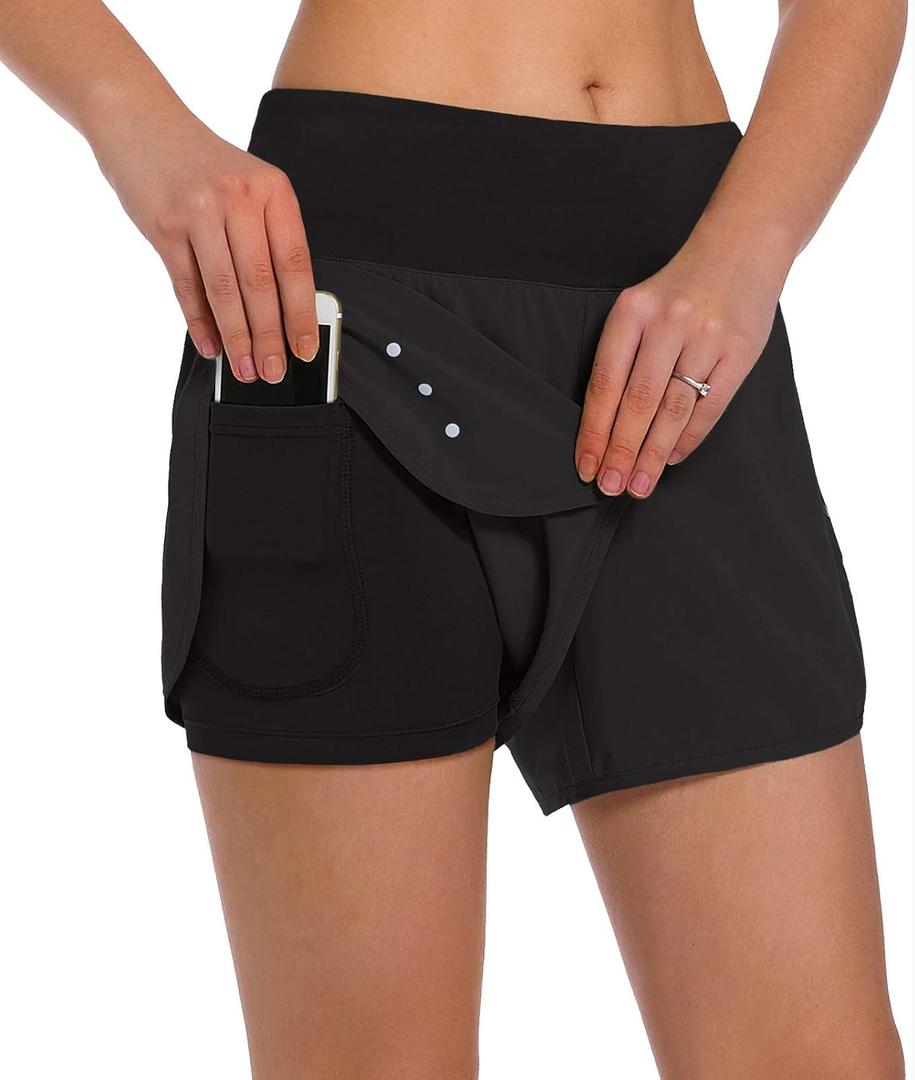 Ksmien Women's 2 in 1 Running Shorts - Lightweight Athletic Workout Gym Yoga Shorts Liner with Phone Pockets Black, XXL