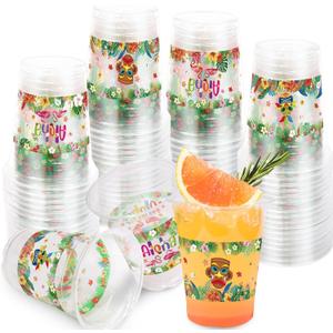 WorldBazaar 100 Pack Hawaiian Luau Plastic Cups 12oz Summer Tiki Disposable Party Drink Cups Tropical Beach Pool BBQ Birthday Christmas Party Supplies, 4 inches x 3.7 inches