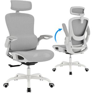 GABRYLLY Ergonomic Mesh Office Chair- White Desk Chair, Flip-Up Armrest, Adjustable Headrest, Tilting with Soft Seat and PU Wheel, Elite Home Desk Chair for Work, Study, Gaming (GY1108)