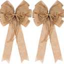 2 Pack Large Burlap Jute Hemp Rope Bows for Wreaths,Rustic Farmhouse Crafts Bow Wrapping Tree Topper Wedding Holiday Birthday Party Wall Home Boho Front Door Decorations (Beige)