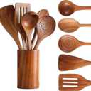 6 PCS Wooden Cooking Utensils Set, Wooden Spoons for Cooking, with Utensils Holder, Comfort Grip, Ideal for Nonstick Cookware