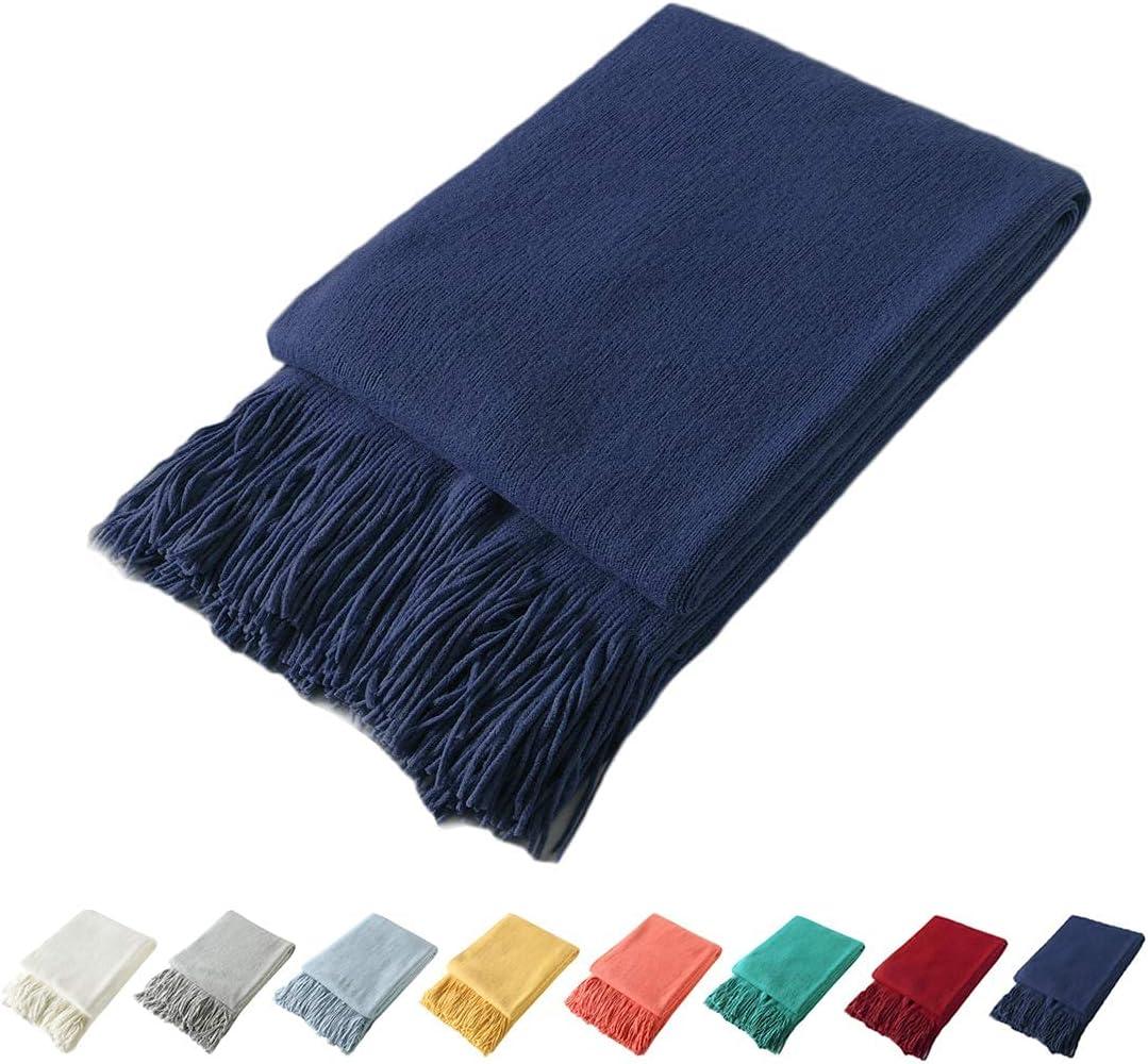 Homiest Decorative Knitted Throw Blanket with Fringe, Lightweight Acrylic Knit Blanket, Soft & Cozy Tassel Blanket for Couch, Sofa, Bed (Navy Blue, 60 x 80 Inch)
