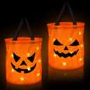 Shappy 2 Pcs 12 x 10 Inches Light LED Halloween Trick or Treat Bucket Candy Pumpkin Large Bags Collapsible Ghost Multipurpose Reusable Halloween Basket Birthday Party Goodie(Orange,Classic Style)