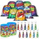 Lothee 32 Pcs Spider Party Favors Spiderweb Birthday Party Decor Drawstring Bag Goodies Bags with Rubber Bracelets Wristlet Keychain for Spiders Supplies Friends Gifts Carnival Accessories(Hero)