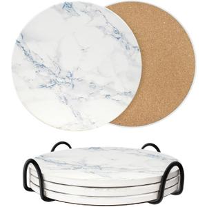 8 Inch Trivets for Hot Dishes, Pots and Pans, Marble Style Ceramic Trivet with Holder, Heat Resistant Hot Plate Mats for Countertops, Table, Home Essentials, Farmhouse Decor, Set of 3 (Blue)