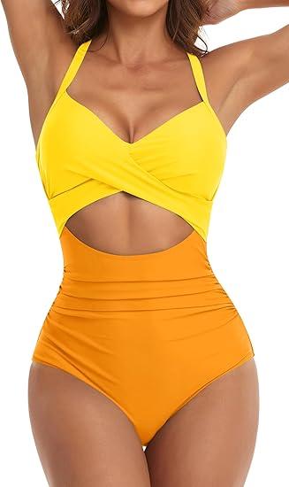 Eomenie Women's One Piece Swimsuits Tummy Control Cutout High Waisted Bathing Suit Wrap Tie Back 1 Piece Swimsuit (Orange, M)
