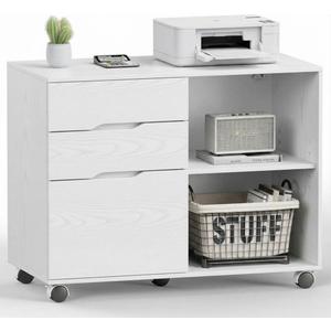 DUMOS 3 Drawer Rolling File Cabinet, Wood Printer Stand with Storage Lateral Filing Cabinet with Adjustable Shelves and Wheels, Under Desk for Home Office Study Organization, White 