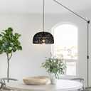 HuisMier Rattan Hanging Lamp Plug in Pendant Light, 15 Ft Hanging lamp with Wicker Woven Basket Lampshade, Dimmable Boho Hanging Lamp for Dining Room Living Room Bedroom, Black