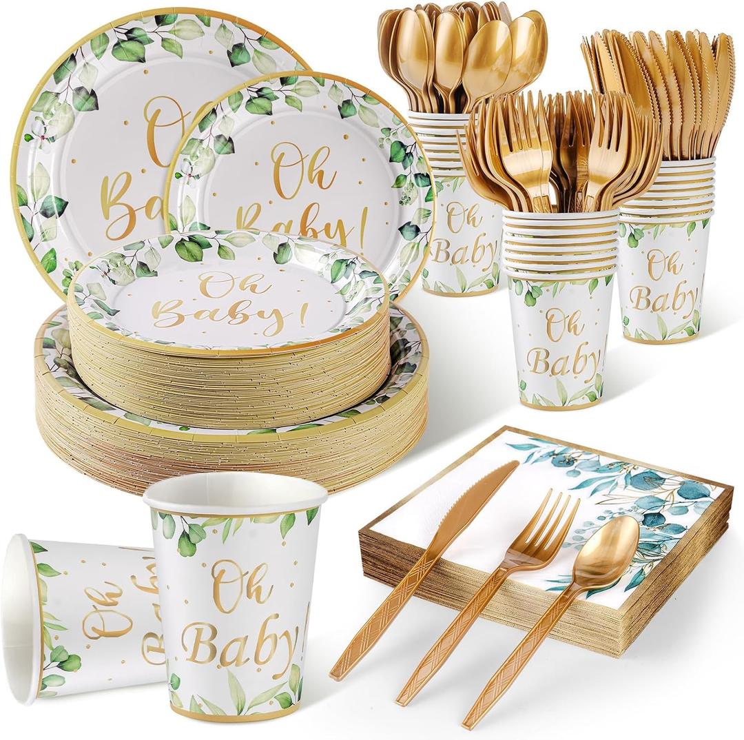 350PCS Sage Greenery Baby Shower Party Supplies Serves 50 Guests Oh Baby Paper Plates, Napkins,Cups, Plastic Forks, Knives,Spoons