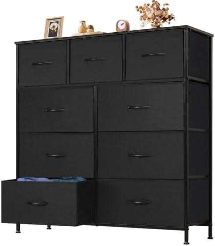 OLIXIS 9 Drawer Storage Dresser with Wood Top - Wide Fabric Chest Organizer for Bedroom, Closet, Living Room,Tower Cabinet, TV Stand, Hallway Entryway Furniture,Carbon Black