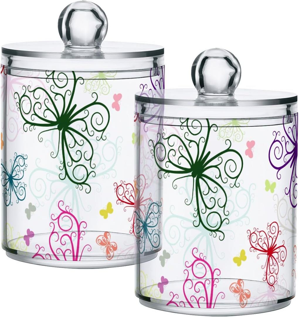 Qtip Holder with Lid Set, 10oz Clear Glass Canister Apothecary Jars Bathroom Organizers Storage Accessories Vanity Containers Colorful Butterfly, 2 Pack