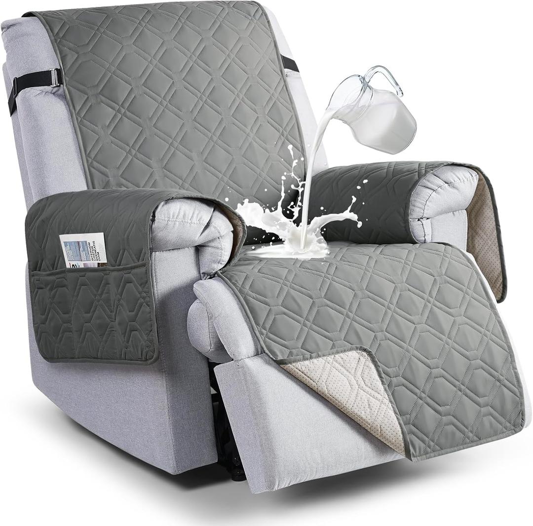 VANSOFY 100% Waterproof Recliner Chair Covers, Recliner Cover Non-Slip Dog Chair Cover Furniture Protector Washable Slipcover with Pocket, Elastic Straps for Pets, Dogs(Gray, 25")