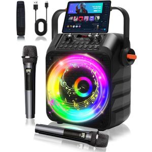 Karaoke Machine, Portable Karaoke System with 2 Wireless Rechargeable Microphones, 60W PA Speaker 6.5" Subwoofer, TWS, AUX, USB, TF, REC, TV, 7 Colourful Lights, for Home & Outdoor