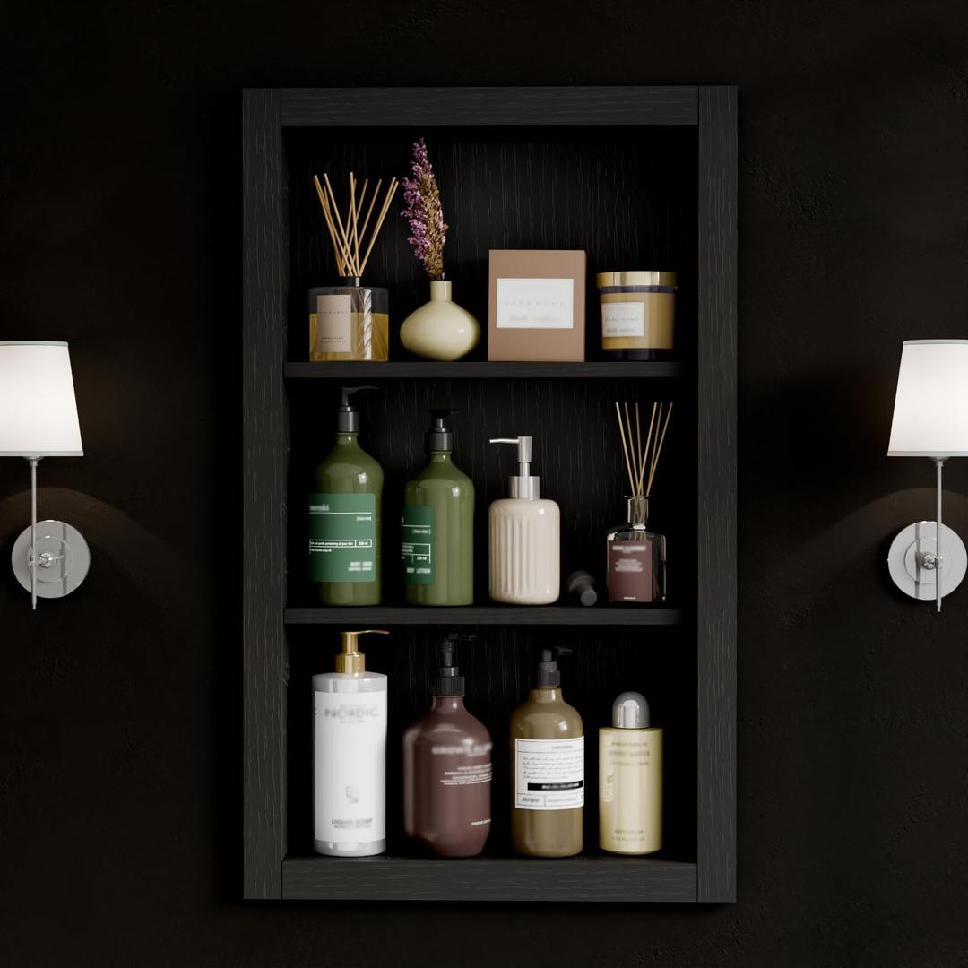 14'' x 24'' Recessed Medicine Cabinet Wall Niche Wood, 3-Tier Bathroom Niche Insert for Drywall, in Wall Shelf Medicine Cabinets Replacement, for Living Room, Bathroom Storage, Black