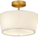 Gold Semi Flush Mount Ceiling Light Fixture,3-Light Ceiling Mount Drum Light Fixture with White Fabric Shade,12.6inch Modern Close to Ceiling Lamps for Living Room, Bedroom, Dining Room,Hallway