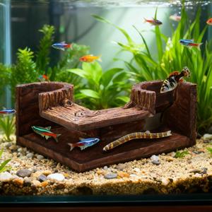 Aquarium Underground Corner Cave, Natural-Looking Wood-Like Viewing Fish & Shrimp Under Gravel Tunnel Fish Tank Decor Decoration Hideout for Corydora Catfish, Kuhli Loach, Pleco