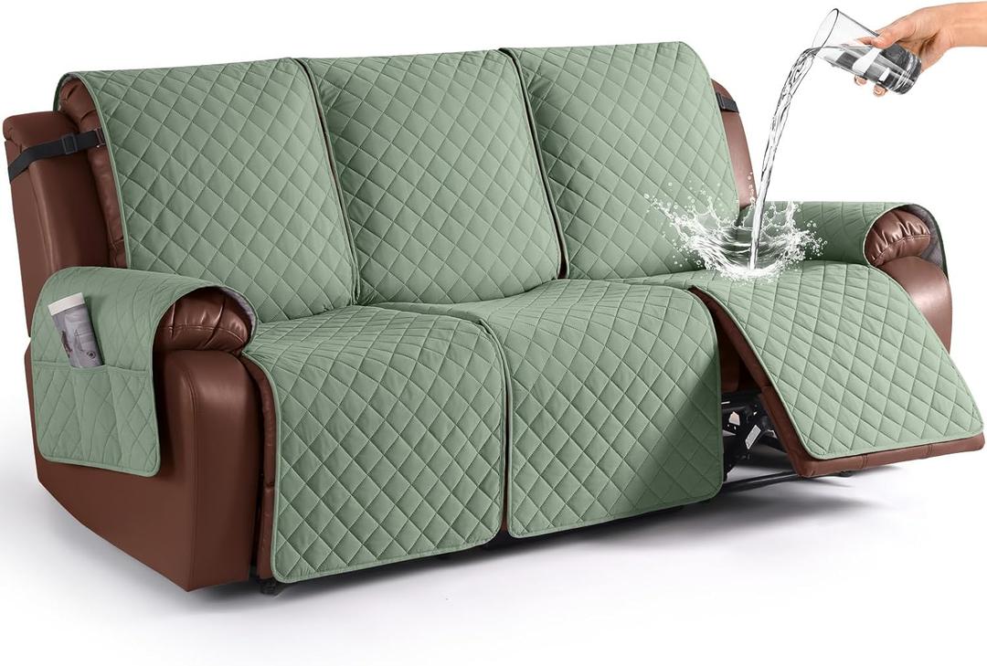 KinCam Waterproof Recliner Sofa Cover, Non-Slip Reclining Couch Covers for 3 Seat, Recliner Couch Cover Furniture Protector with Elastic Straps for Pets, Kids, Sage Green