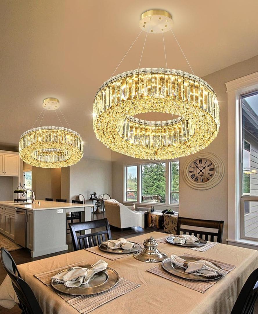 20'' Modern Ring Chandeliers for High Ceiling Luxury Dimmable Crystal Ceiling Light Fixtures for Dining Room Kitchen Foyer Entrance Villa Gold