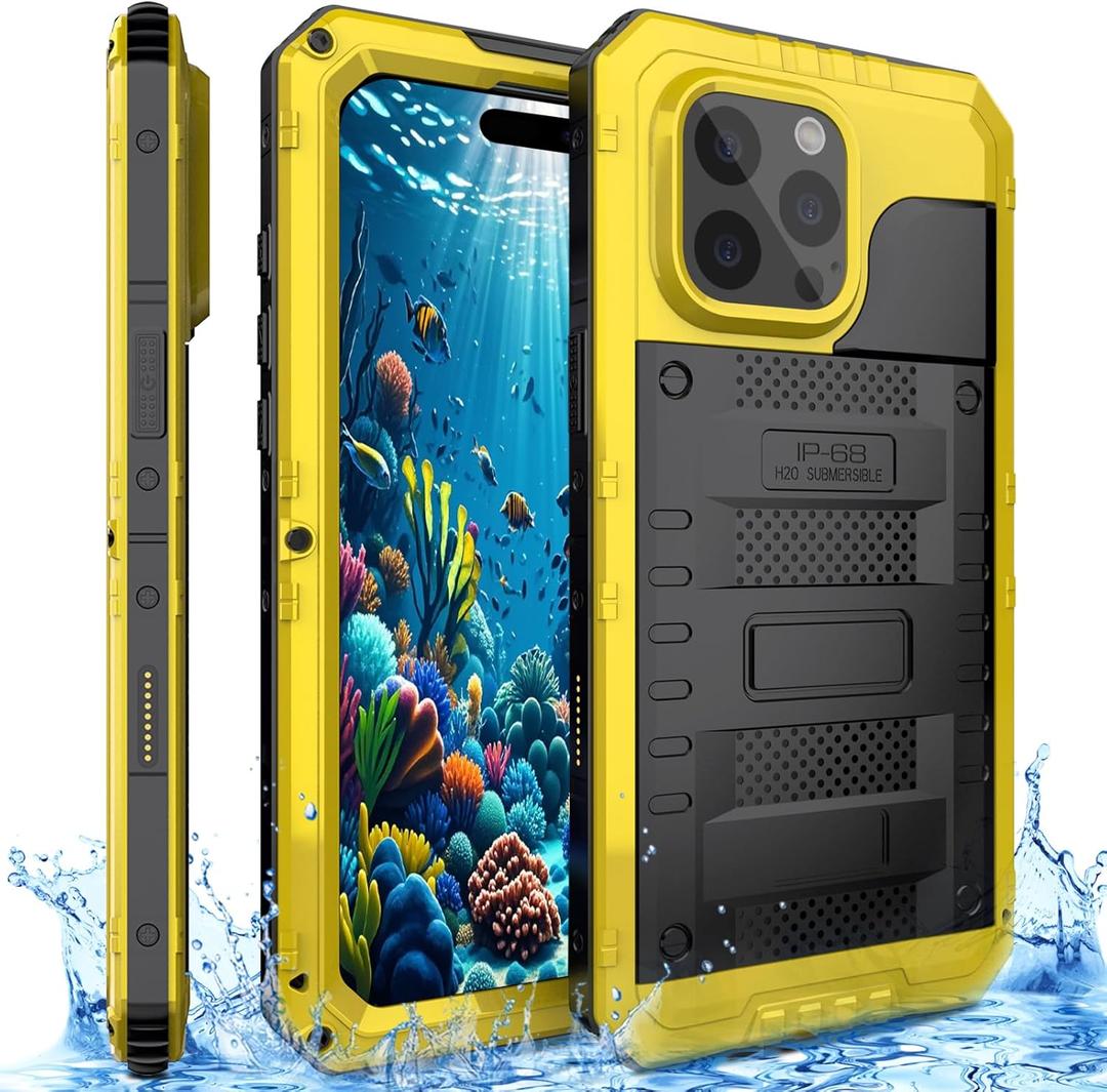 Marrkey Waterproof Case for iPhone 16 Pro Max, Heavy Duty Durable Metal Full Body Built-in Screen Protection Case Shockproof Dustproof Rugged Military Grade Defender for iPhone 16 Pro Max - Yellow