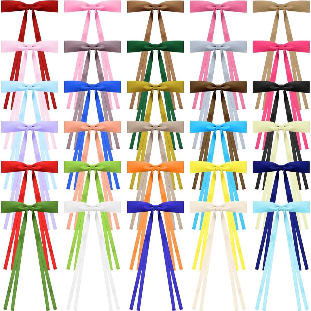 Mimorou 30 Pcs Silky Satin Hair Bows for Girls Women Bulk Ribbon Bow Bowknot Hair Clips with Long Tail Tassel for Women Girls Ponytail Holder Accessories