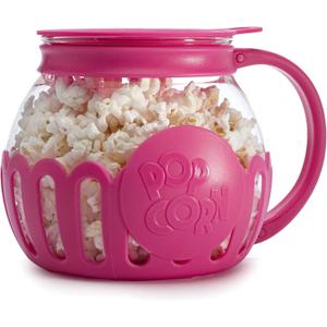 Ecolution Patented Micro-Pop Microwave Popcorn Popper with Temperature Safe Glass, 3-in-1 Lid Measures Kernels and Melts Butter, Made Without BPA, Dishwasher Safe, 1.5-Quart, Pink
