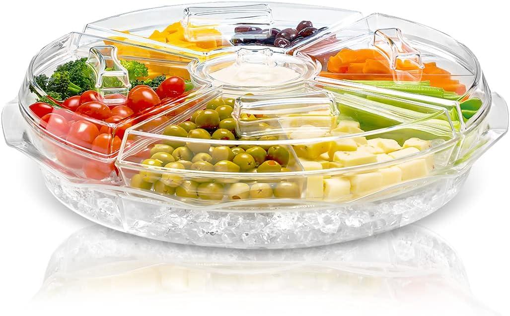 Chef's Star 16" Food Tray with Ice Compartment & Lid - 8 Section with Dip Holder Clear Acrylic Chilled Bowl for Lunch, Picnics & Parties Chef's Star 16" Food Tray with Ice Compartment & Lid - 8 Section with Dip Holder Clear Acrylic Chilled Bowl for Lunch, Picnics & Parties