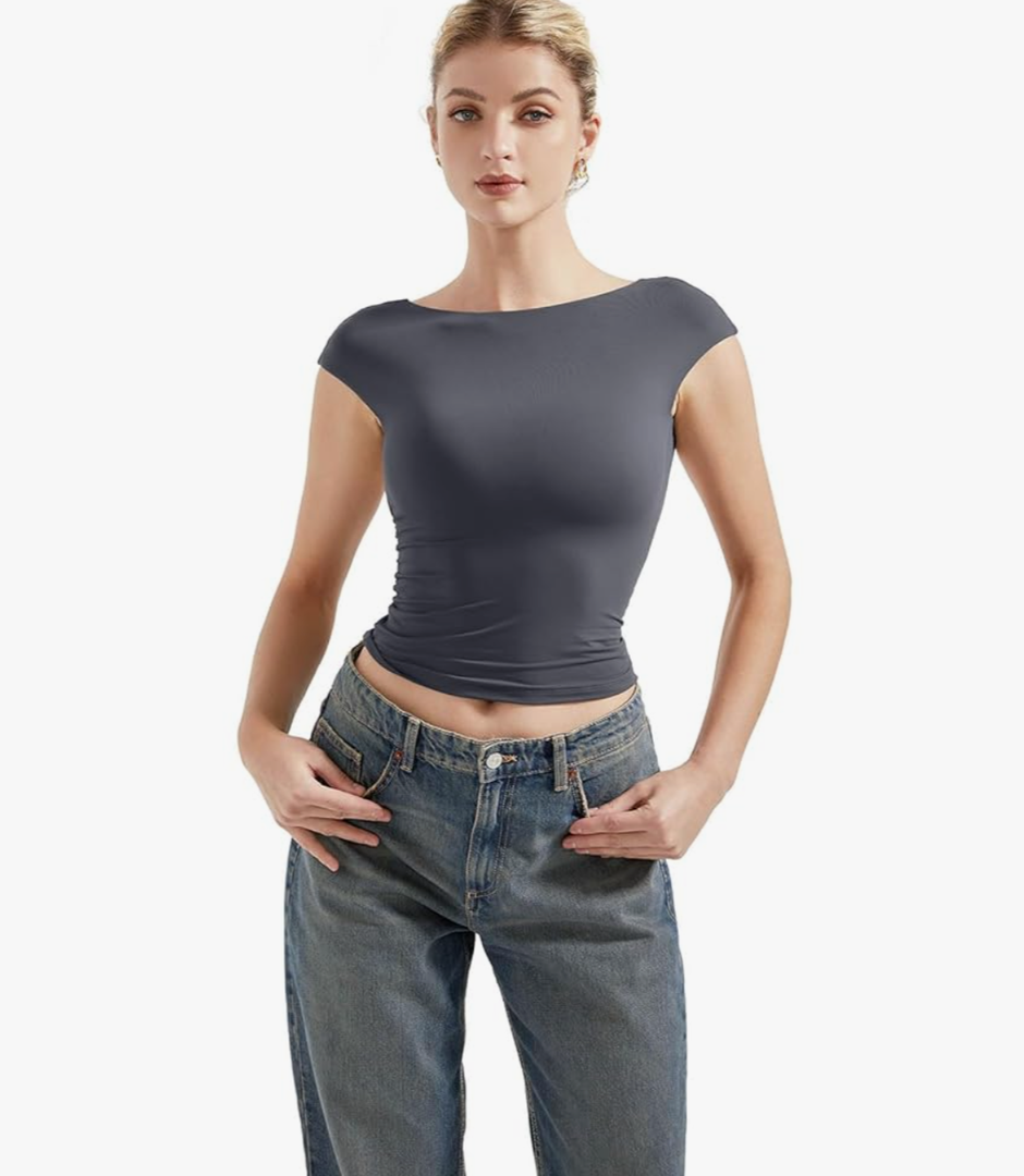 SUUKSESS Women Backless Sexy Going Out Tops Double Lined Open Back Y2k Basic Tee Shirts (Size Medium)