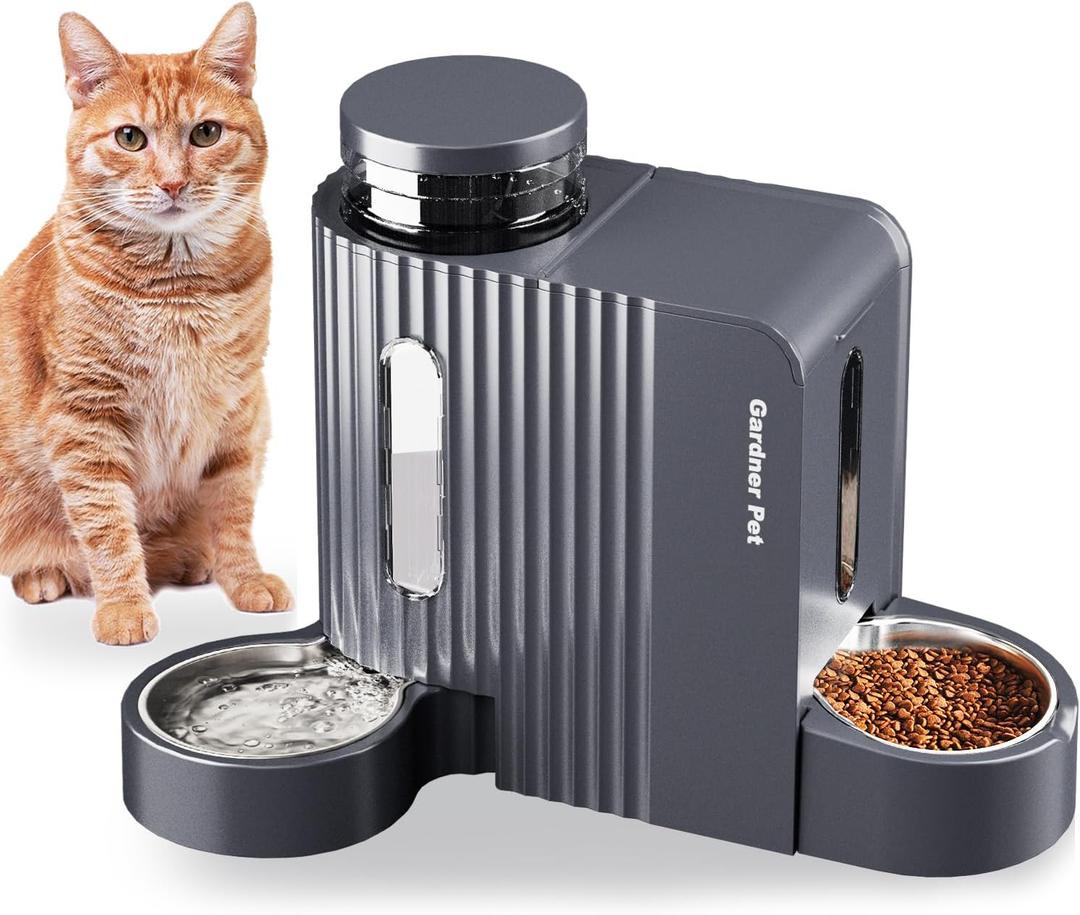 Gardner Pet Automatic Gravity Cat Food Feeder and Water Dispenser Stainless Steel Two-in-One Set Large Capacity Dispenser for Pets Dogs, Puppies, Kittens-(0.8 Gallons x 2) (Black Grey)