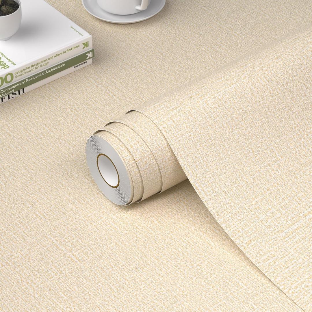 WADILE Grasscloth Peel and Stick Wallpaper 23.6in x 472in, Textured Contact Paper for Cabinets, Faux Linen Wall Paper Pull and Stick, Fabric Vinyl Wallpaper Self Adhesive Beige