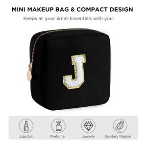 4 x HBselect Small Makeup Bag Personalized Initial Letter Mini Makeup Bags Nylon Chenille Letter Patch Cosmetic Bag Cute Waterproof Pouch Travel Toiletry Bag Preppy Coin Purse Gift for Women Teen Girls (J, Black)
