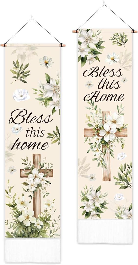 PLIGREAT 2 Pack Cross Vertical Tapestry, Aesthetic Olive Leaves Wall Tapestry with Tassels Long Narrow Bless Wall Hanging for Bedroom Living Room Watercolor Home Art Decor, 52" x 13"