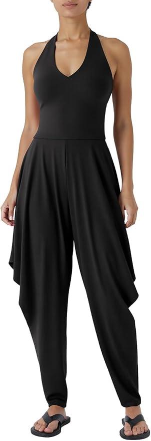 FOWSMON Womens Casual Jumpsuit Sleeveless Halter Romper Summer Fashion Harem Outfit Black Medium