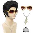 50s 60s Rock Wig + Accessories 5pcs Set Black Mens Rocker Costume Wigs for Singer Star Cosplay Halloween Disco Party or Fun (Black+Glass+Neckace)