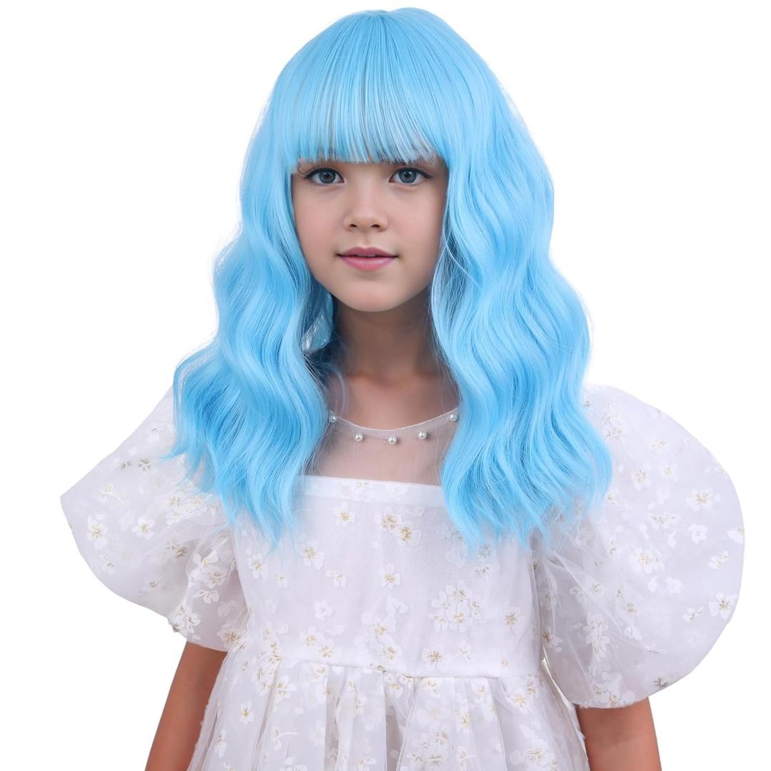 Sky Blue Wig with Bangs Short Light Blue Bob Wig Wavy Curly Wigs Synthetic Hair Wigs (Small Size)