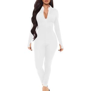 Mizoci Women's Sexy One Piece Jumpsuit Bodycon Long Sleeve V Neck Zipper Full Bodysuit (Small, White)