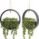 Floweroyal 2pcs Artificial Succulents Hanging Plants 12.2'' Fake String of Pearls in Pot with 8.3'' Lanyard for Indoor Outdoor Wall Decor (Black).
